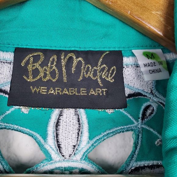 Bob Mackie Wearable Art Green Floral Embroidered Zip Up 3/4 Sleeve Jacket Sz M - Picture 3 of 6